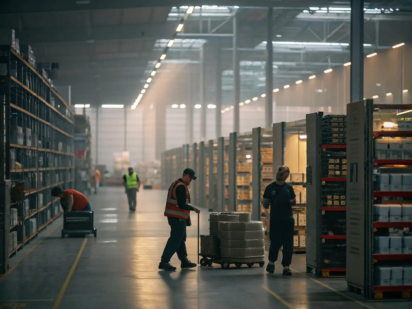 A bustling commercial warehouse with forklifts moving goods, showcasing Delibrex's ability to handle diverse commercial products efficiently.