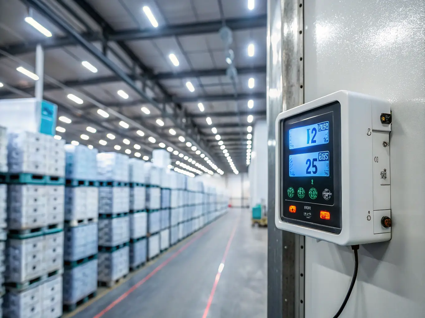 A close-up shot of a temperature-controlled storage unit with digital temperature display, showcasing Delibrex's refrigerated storage capabilities for temperature-sensitive goods.